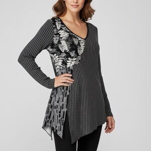 VINTAGE Concept Asymmetrical Patchwork Mixed Media Abstract Print Ribbed Top S